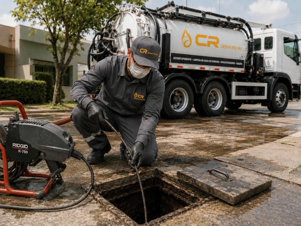 Equipe técnica da CR Desentupidora com caminhão de hidrojateamento em Araraquara